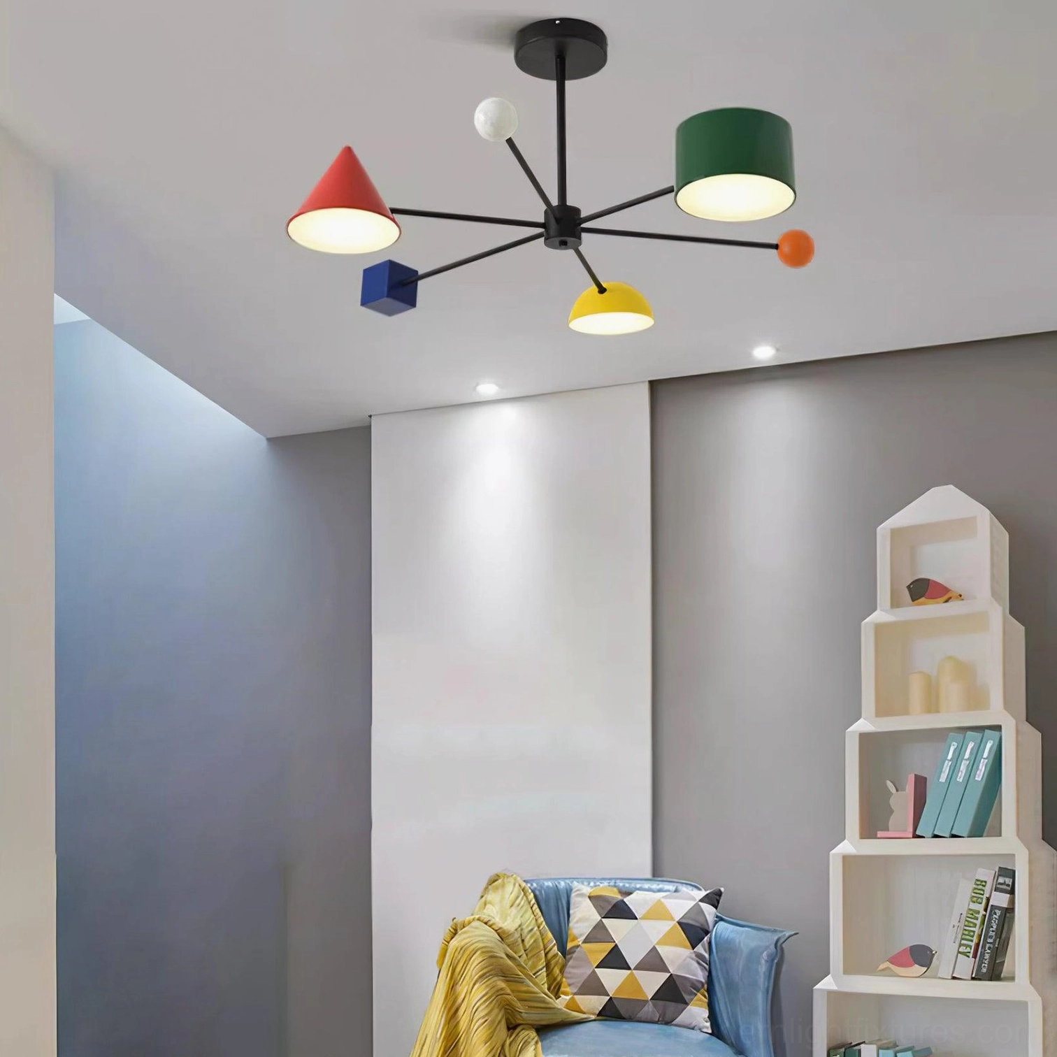 Modern geometric ceiling fixture demonstrating light diffusion and ambient lighting in contemporary bedroom