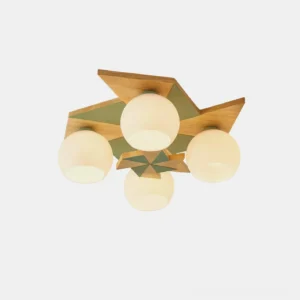 Modern geometric ceiling light fixture with five frosted glass shades and natural wood base - product studio shot