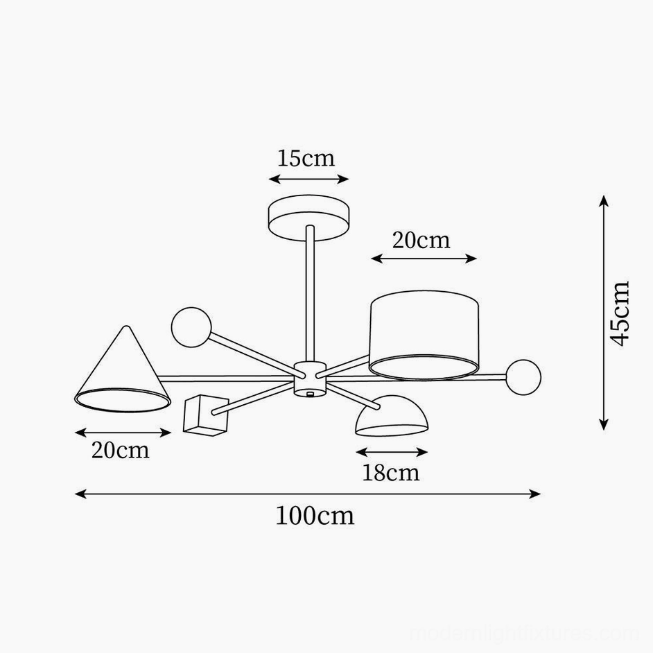 Technical assembly drawing and dimensional schematic of geometric colorful ceiling light fixture