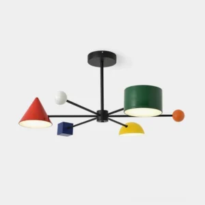 Modern geometric colorful ceiling light fixture with mixed spherical and conical lamp heads in vibrant colors on white background