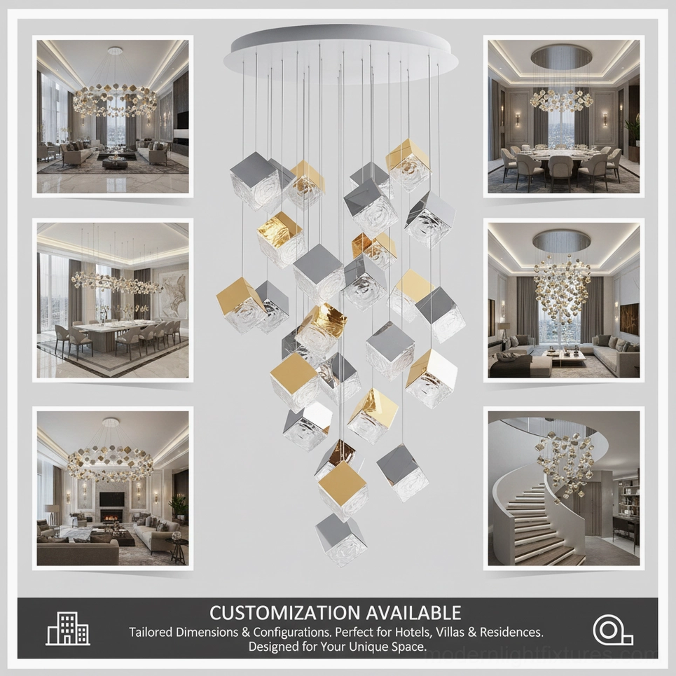 Customization options geometric cube chandelier bespoke design drawings available