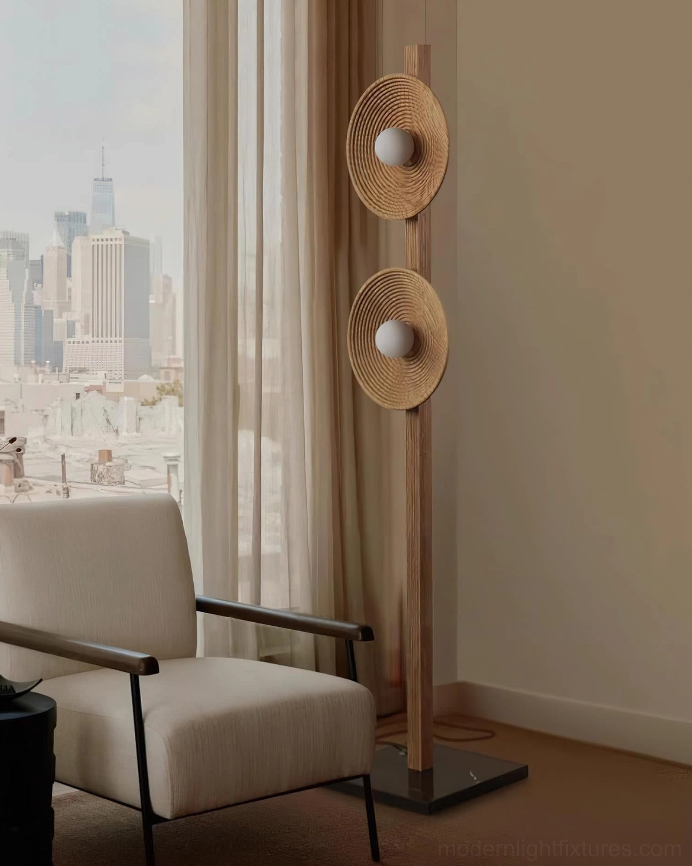 Modern floor lamp placed in contemporary apartment living room near floor-to-ceiling window neutral decor