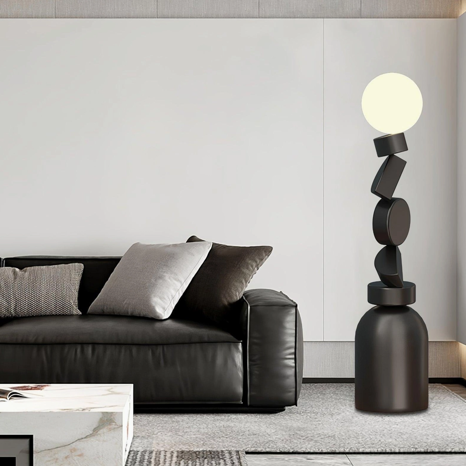 Modern geometric floor lamp in minimalist living room with dark leather sofa contemporary decor