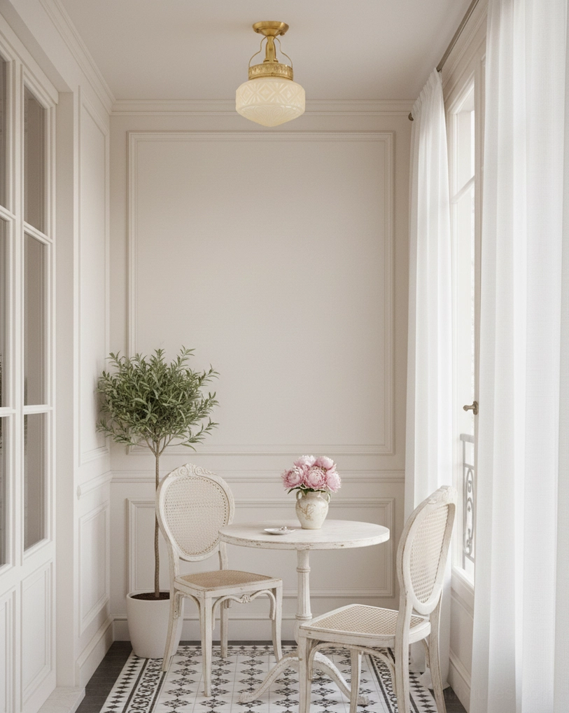 Geometric carved glass ceiling light suspended in French dining nook, casting warm glow on neutral interiors