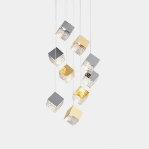 Modern geometric glass cube chandelier with gold and chrome metal frame, front view on white background