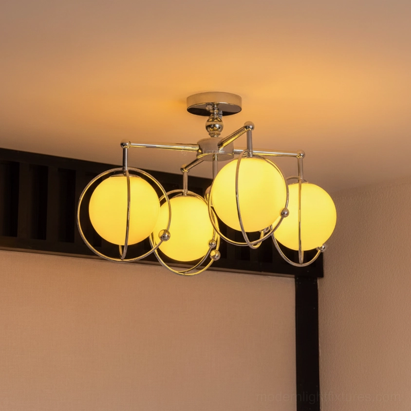 Contemporary semi-flush ceiling pendant with geometric glass globes in polished chrome frame