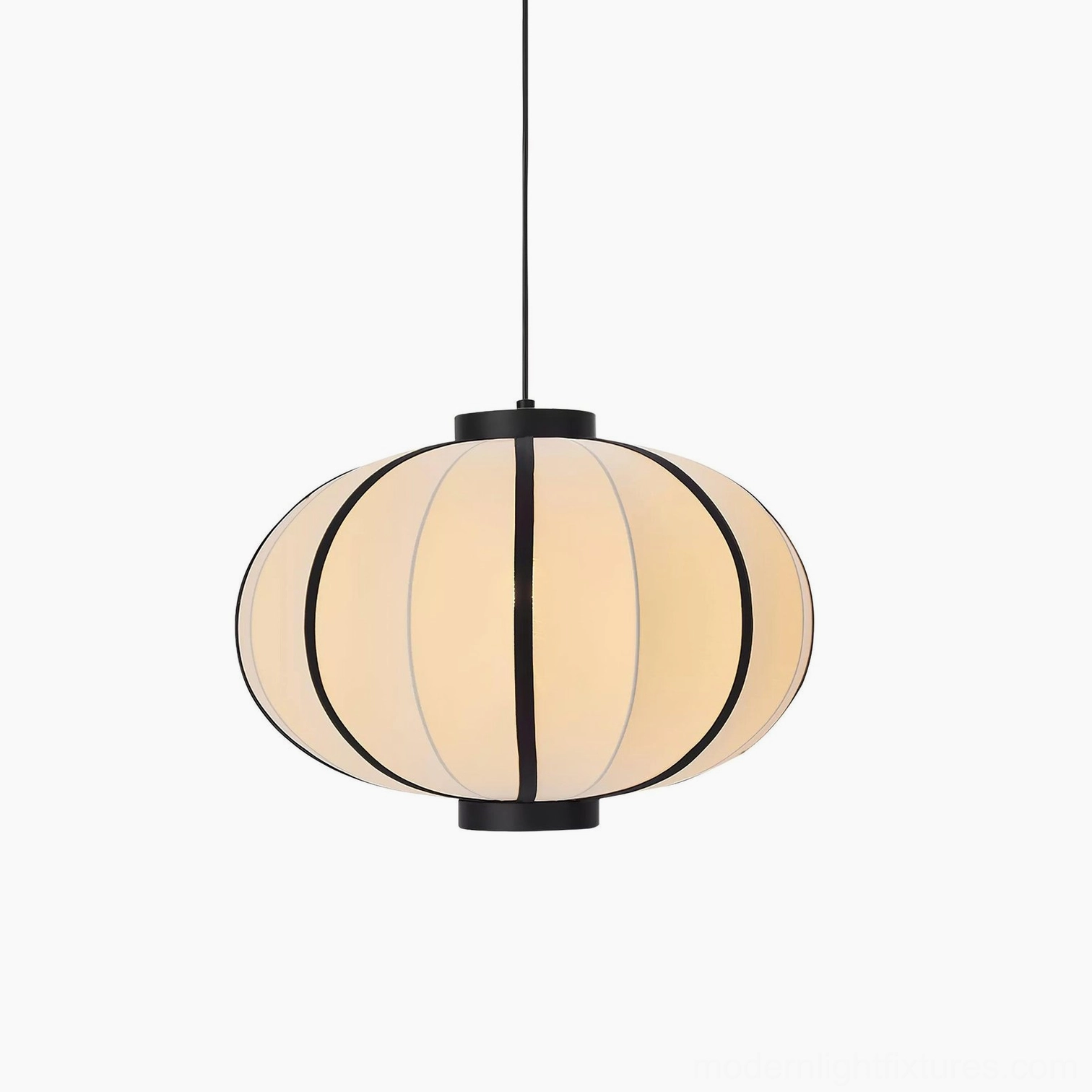 Fabric lantern pendant lamp with geometric black line pattern, studio product photography