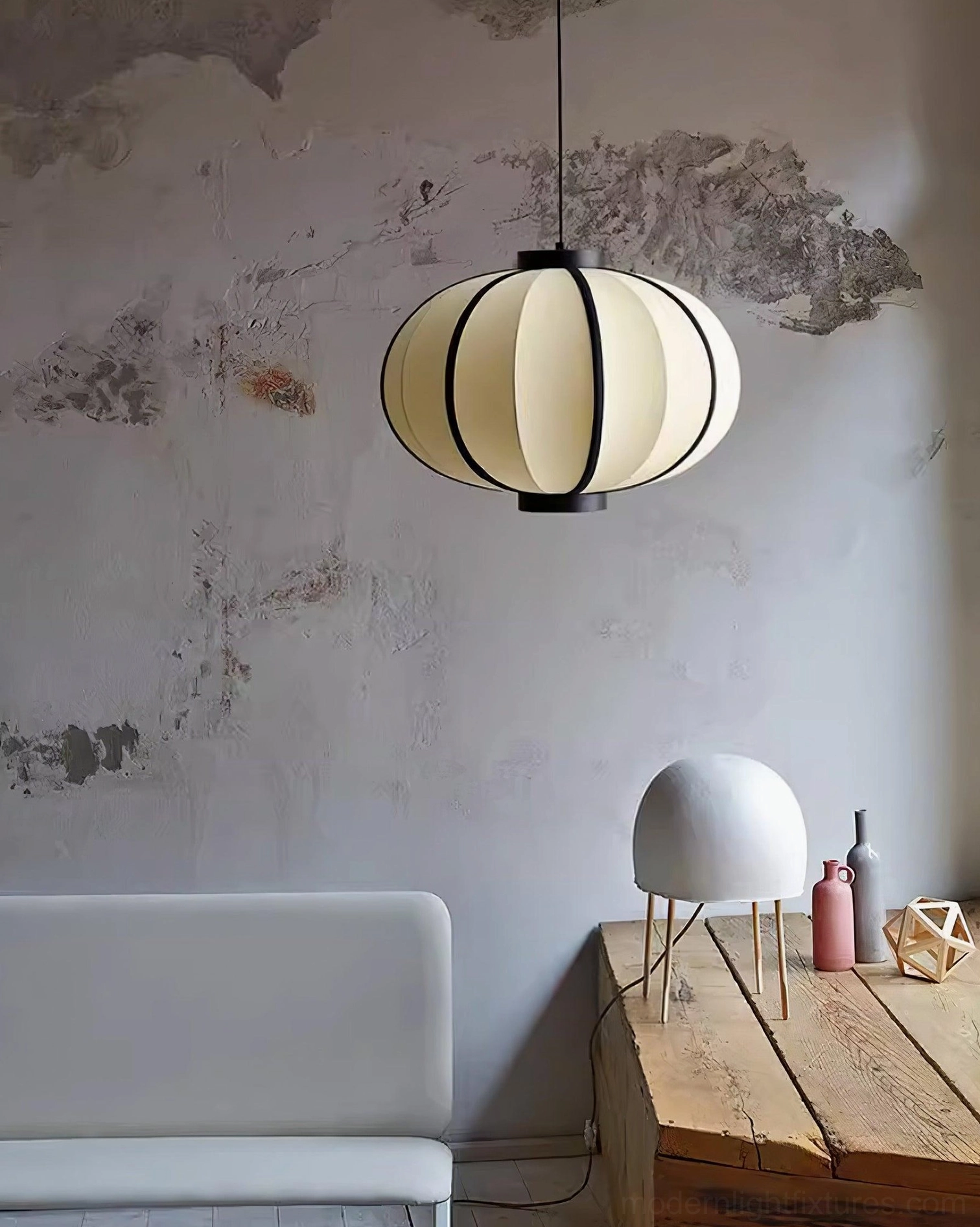 Contemporary black and white fabric lantern pendant light ceiling installation detail