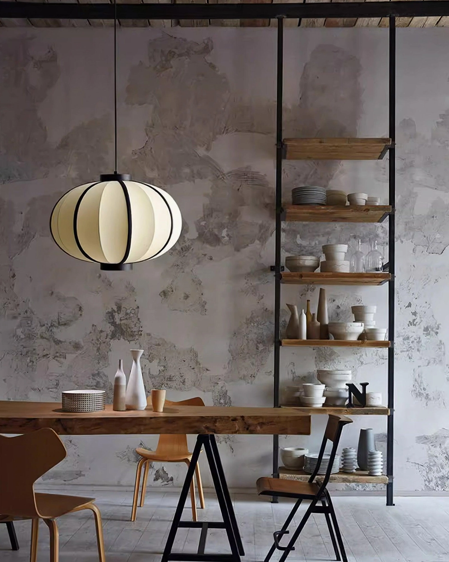 Modern black and white fabric lantern pendant light sloped ceiling installation compatible