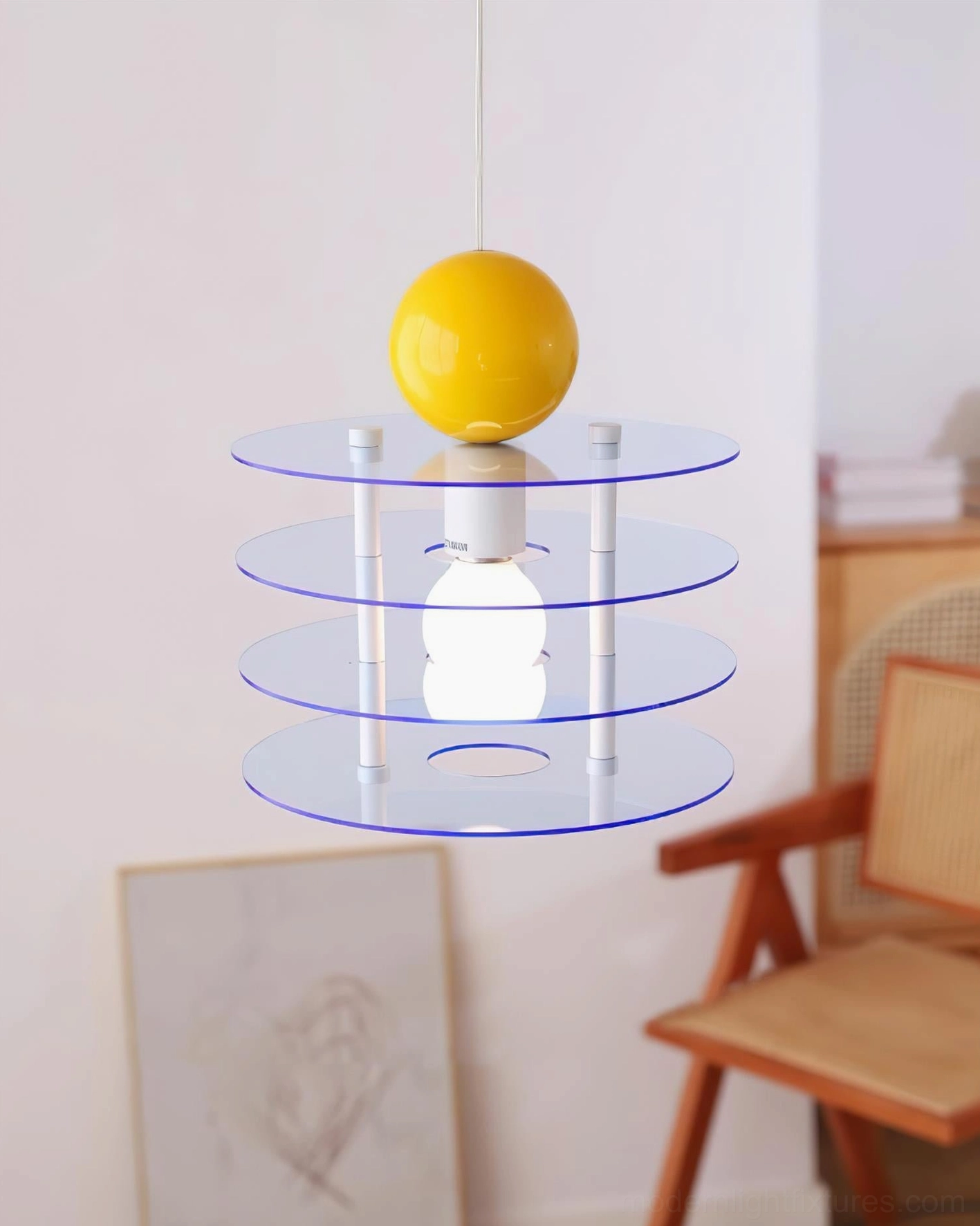 Modern geometric layered pendant light with colorful acrylic disc structure