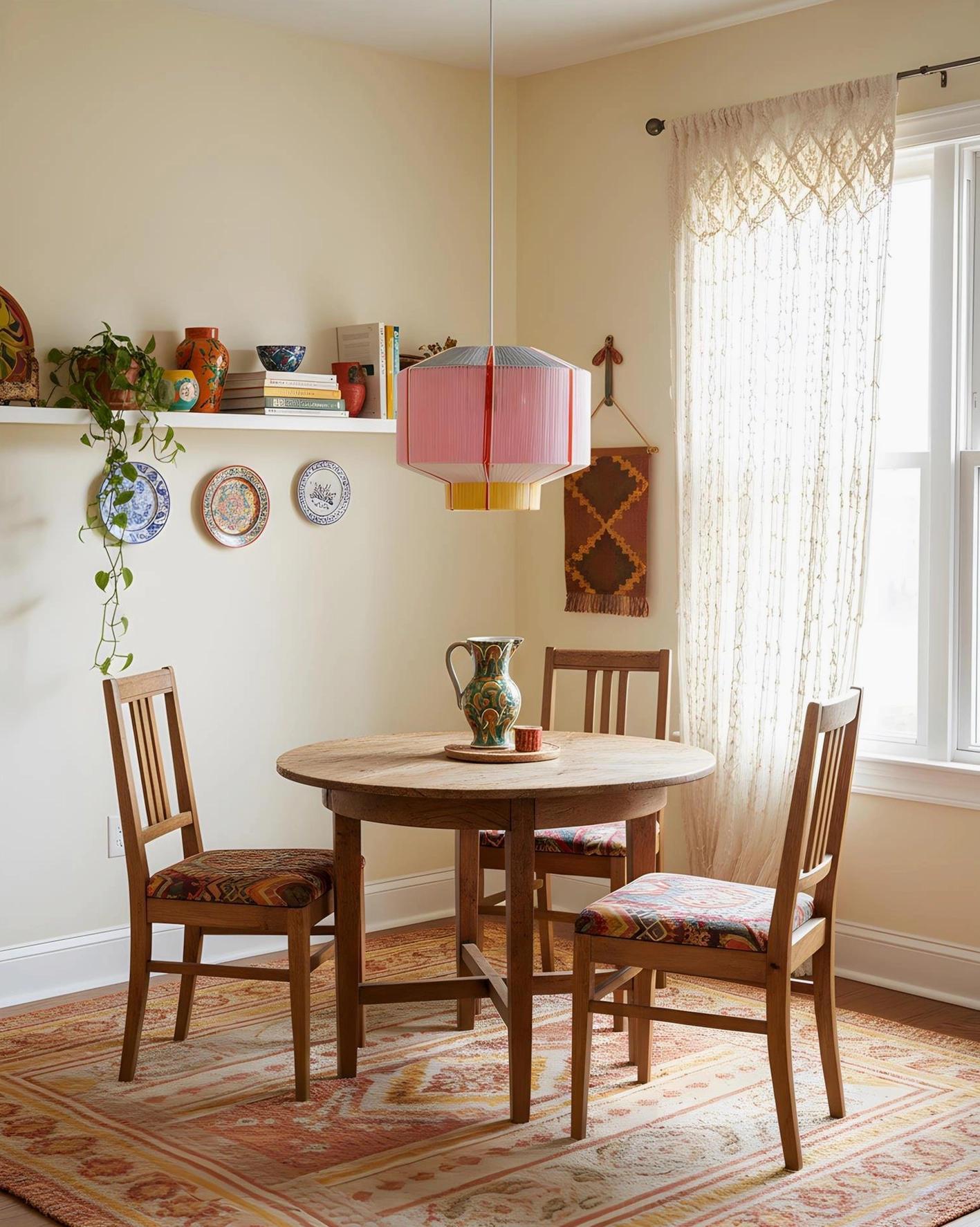 Hexagonal pink faceted pendant light in intimate dining nook with wooden furniture and warm neutral tones
