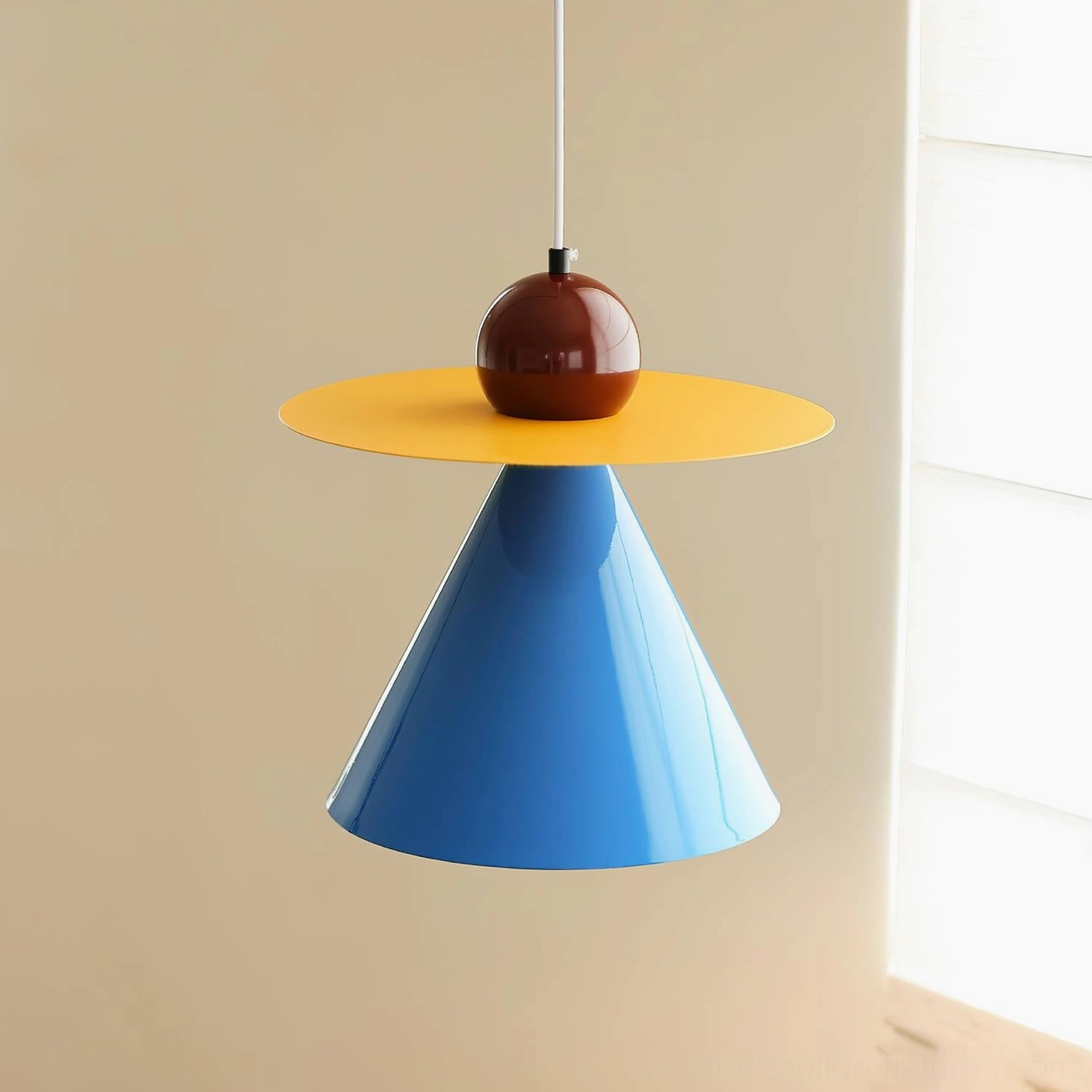 Geometric pendant light yellow and blue color combination in bright interior space