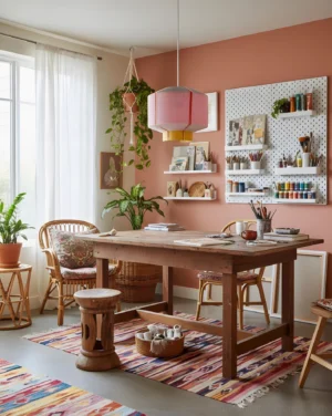 Contemporary geometric pendant lamp hanging in craft studio with warm boho decor and terracotta walls