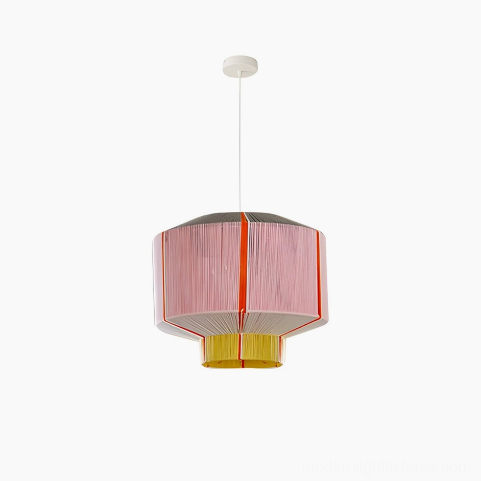 Pink and yellow geometric faceted pendant light full view featuring layered pleated design and hexagonal form