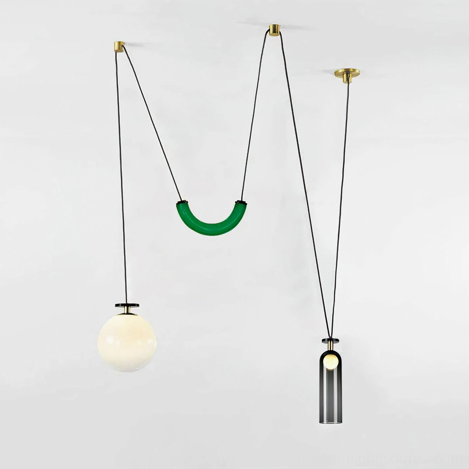 Geometric modern pendant chandelier detail showing metal body glass shade construction quality craftsmanship