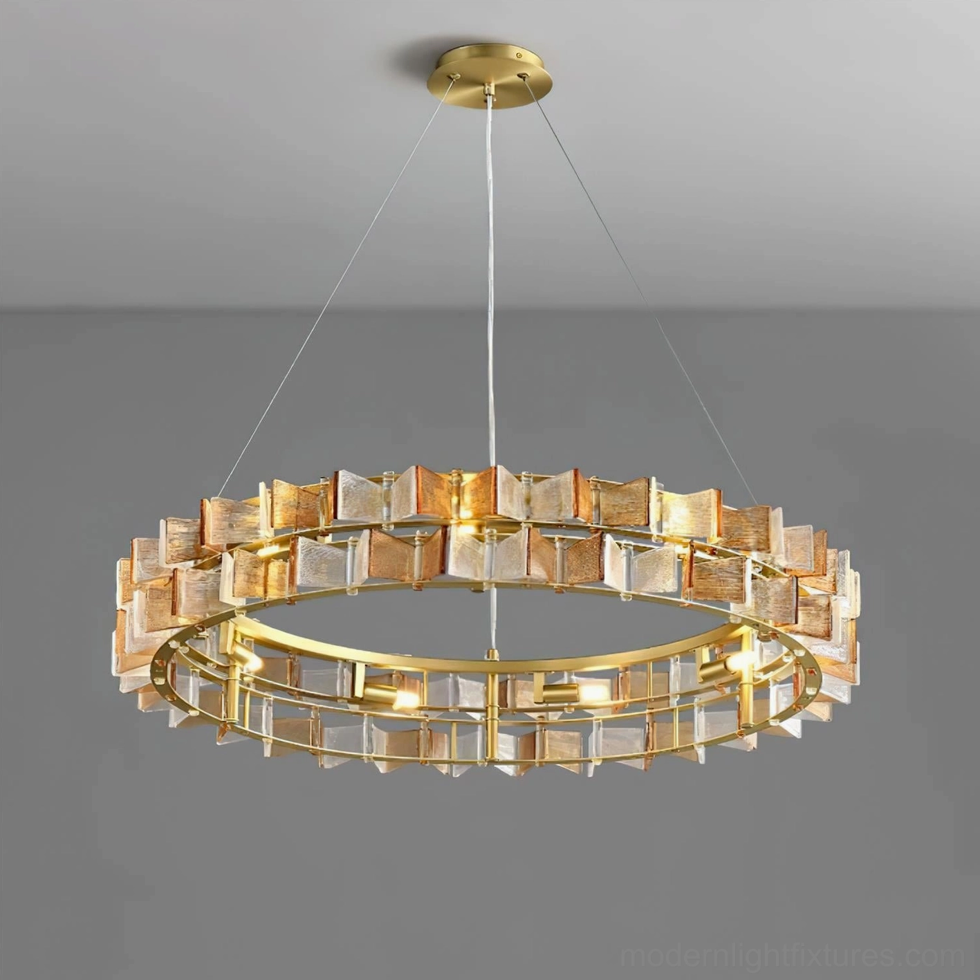 Geometric ring chandelier architectural lighting feature in sleek modern home interior