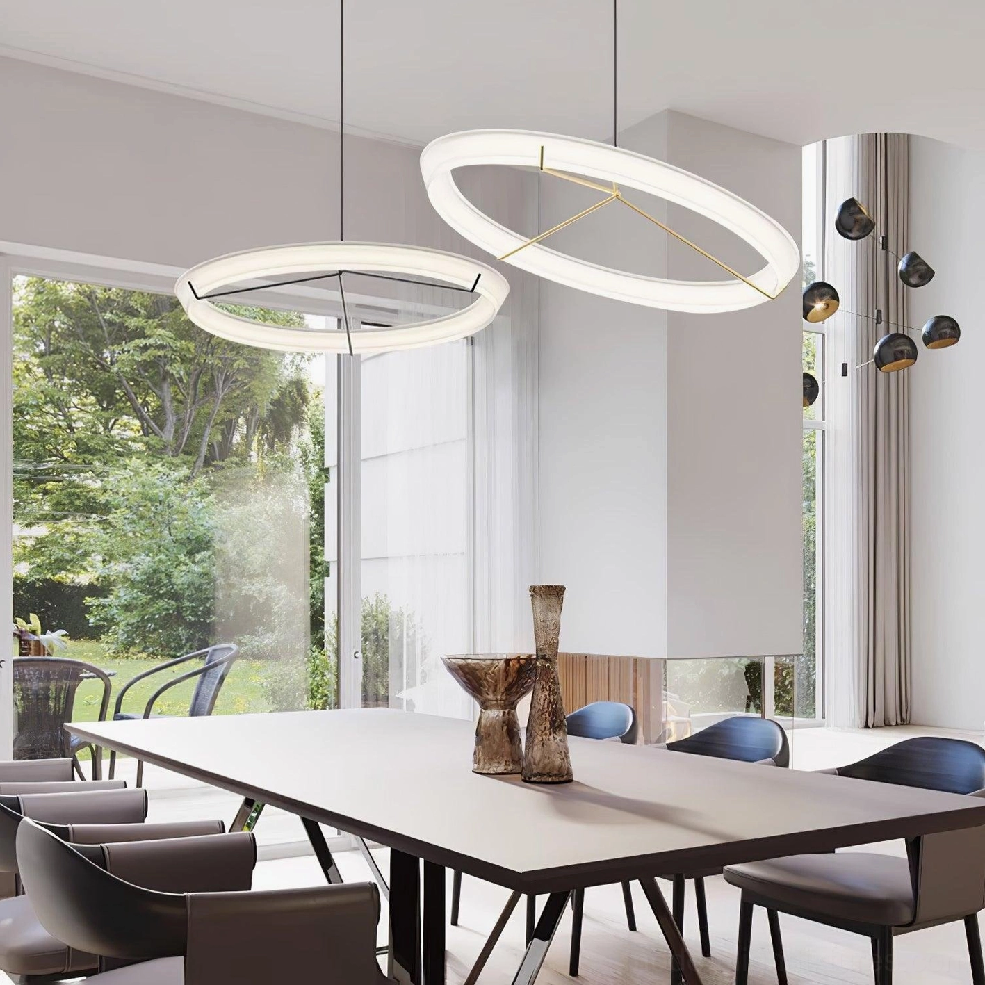 Geometric round pendant light in minimalist modern aesthetic for dining room lighting design