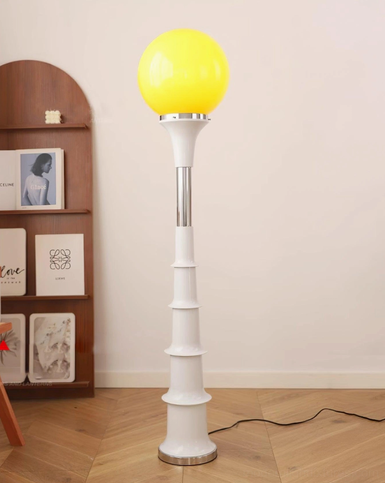 Contemporary design floor lamp with geometric stacking and luminous globe