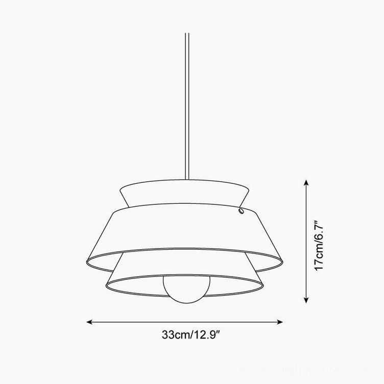 Technical elevation drawing of geometric tiered pendant light design with layered shade construction details