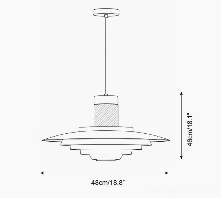 Technical drawing of geometric tiered pendant light showing orthographic front elevation, specifications for 48cm diameter and 46cm height statement size