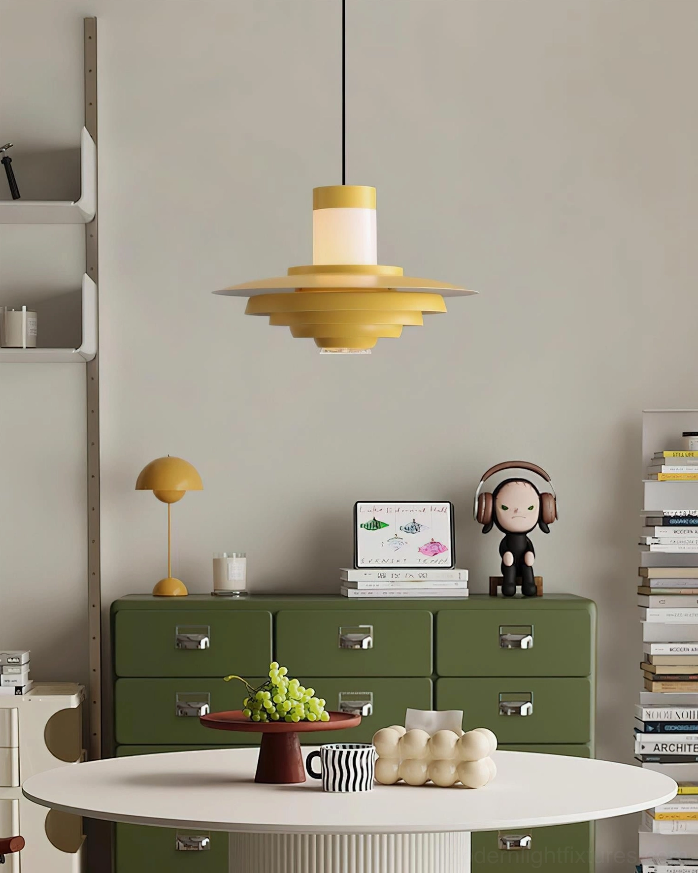 Retro-modern geometric tiered pendant light in yellow and creamy white tones illuminating spacious home dining area with vintage aesthetic