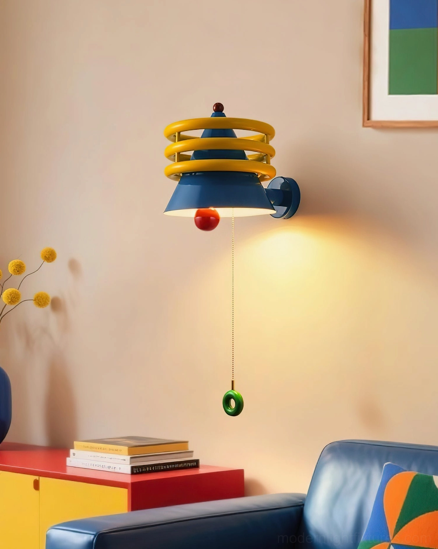 Kinetica geometric wall lamp side view in modern living space with home furnishings