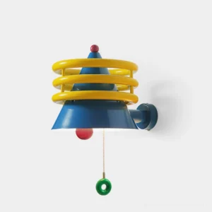 Kinetica geometric wall sconce with blue conical shade and yellow spiral rings - front view studio photography