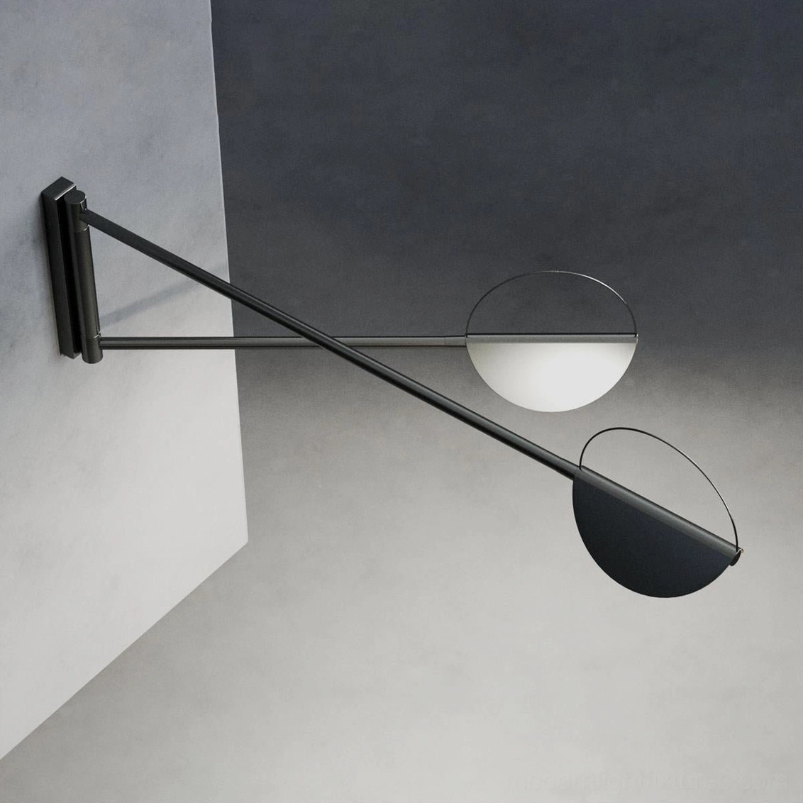 Modern LED wall sconce with crisscross installation angle on gray corner wall displaying sleek geometric form