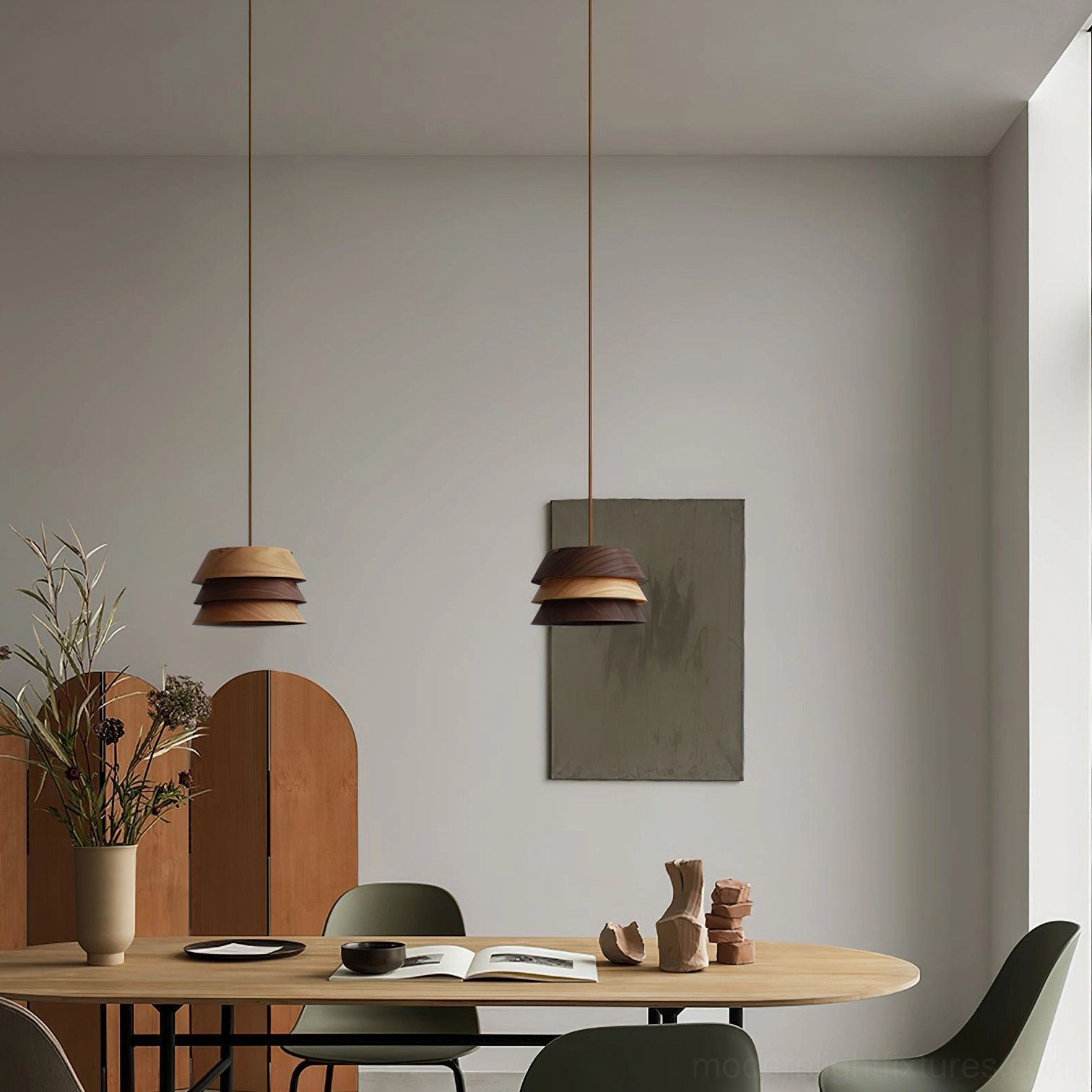 Geometric tiered wood pendant light fixture suspended from adjustable wire in modern home interior