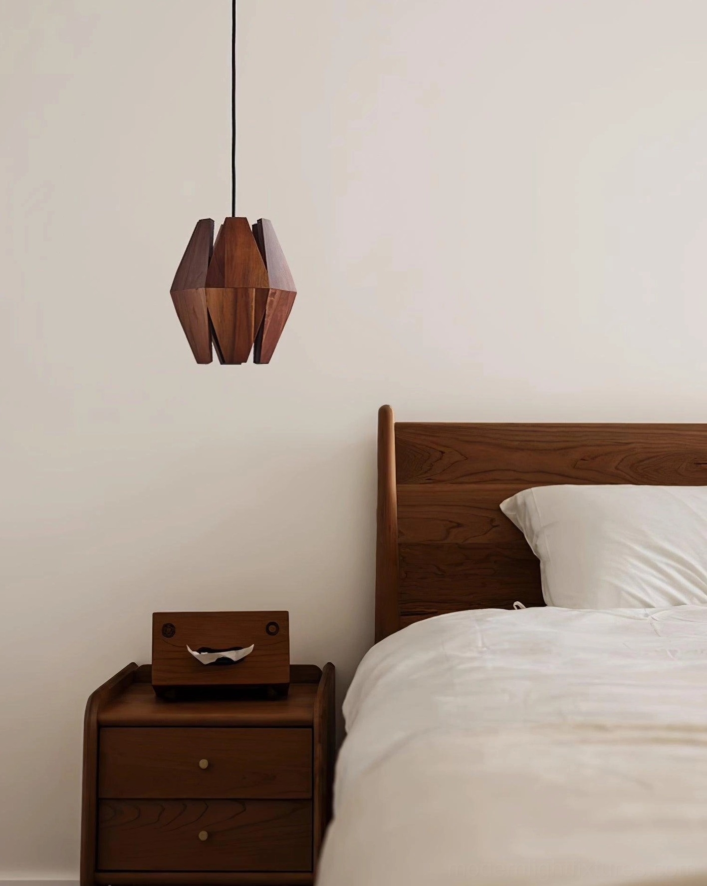 Geometric pendant lamp illuminating modern minimalist bedroom with wooden bed frame