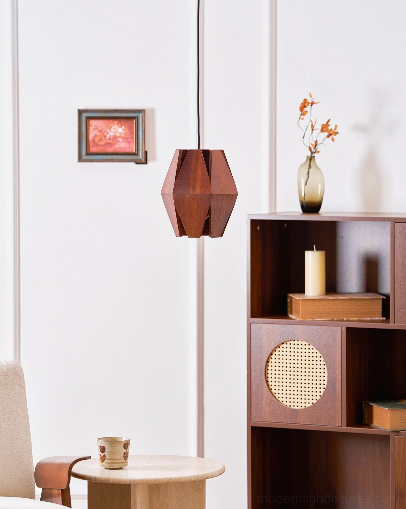 Faceted geometric wood pendant light demonstrating light diffusion and shadow play