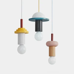 Geometric modular wood pendant lights in multiple colors - contemporary sculptural design