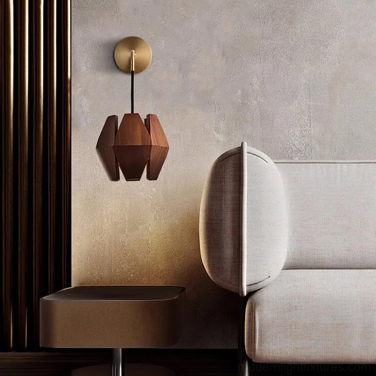 Astris geometric wood wall sconce with walnut finish and gold brass accents detail view
