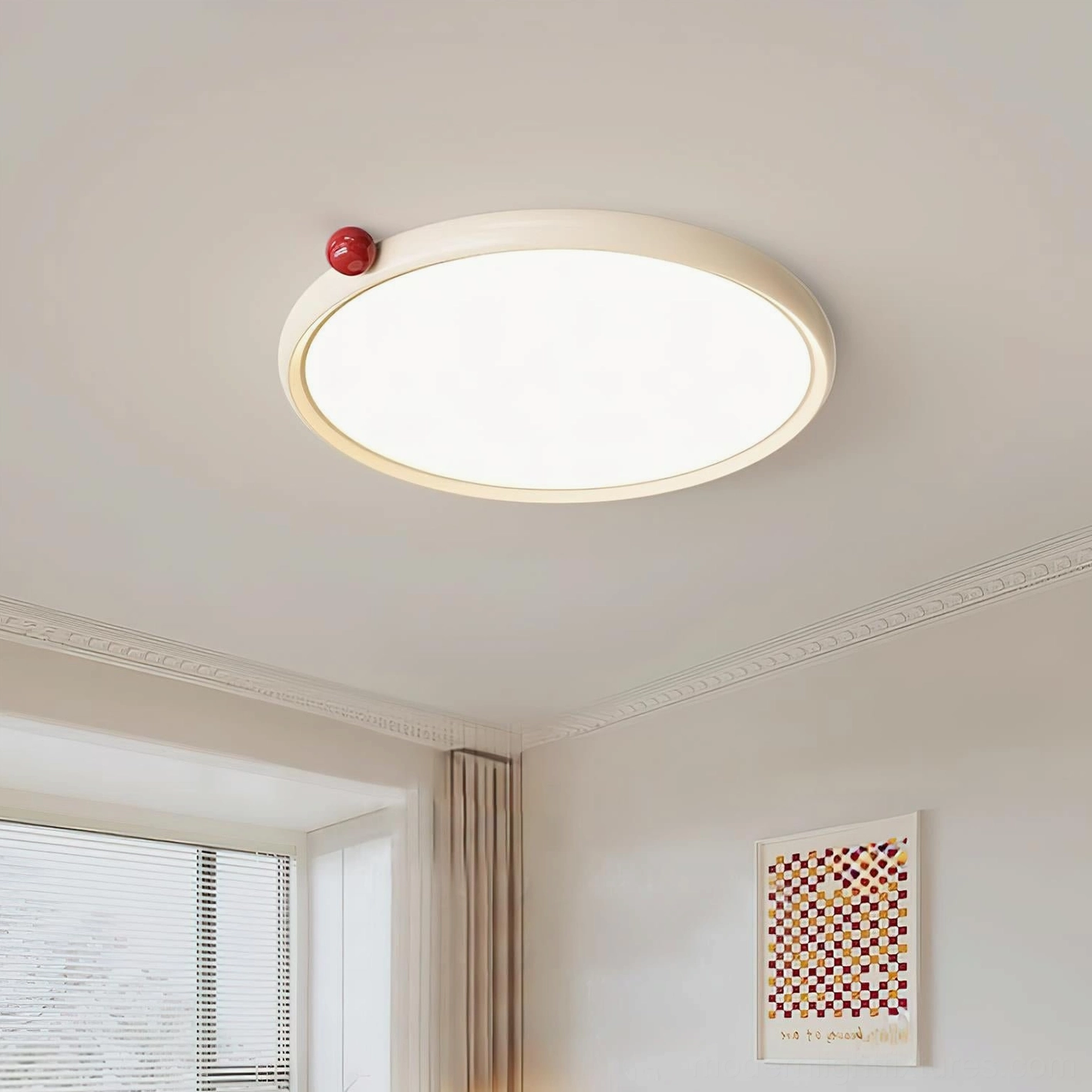 Geos modern LED ceiling light installed in minimalist bedroom with damp-rated design capabilities
