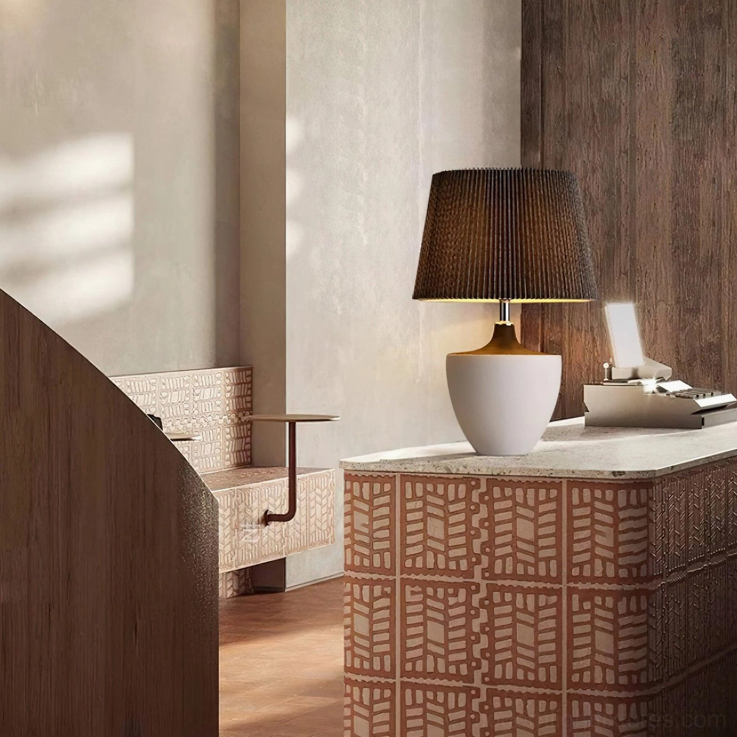 Ghassan modern ceramic table lamp detail shot showcasing two-tone grey white base and metal components