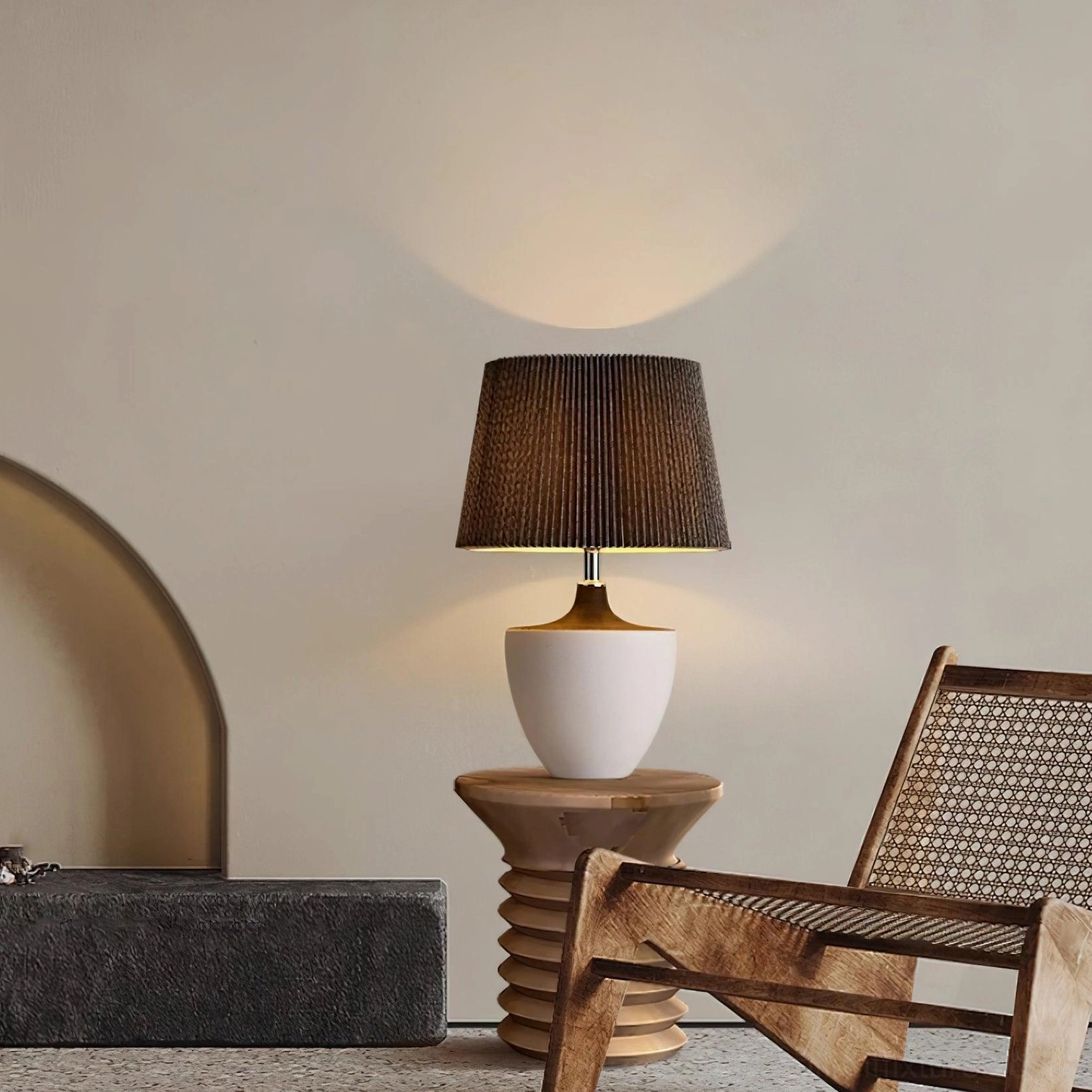 Ghassan modern ceramic table lamp on stacked wooden side table in minimalist living room wabi-sabi decor