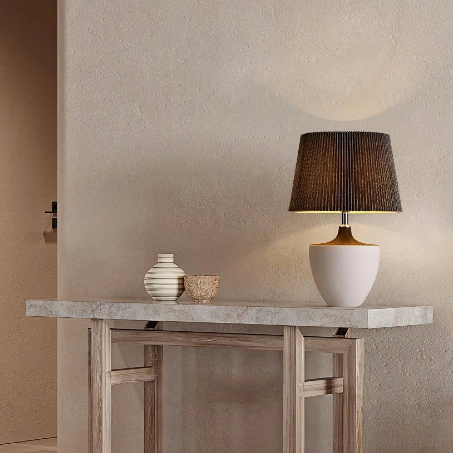Pair of Ghassan ceramic table lamps on entryway console table with decorative vessels minimalist wabi-sabi interior
