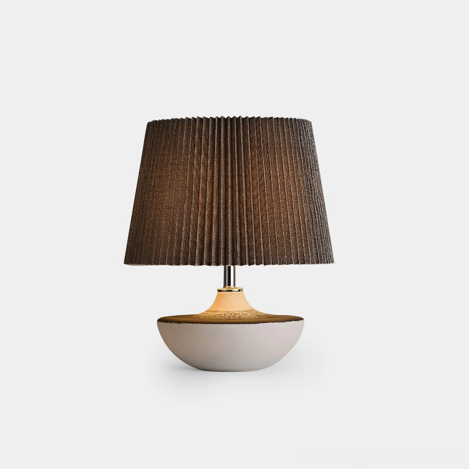 Ghassan modern ceramic table lamp with grey and white two-tone base and brown pleated shade, studio frontal view