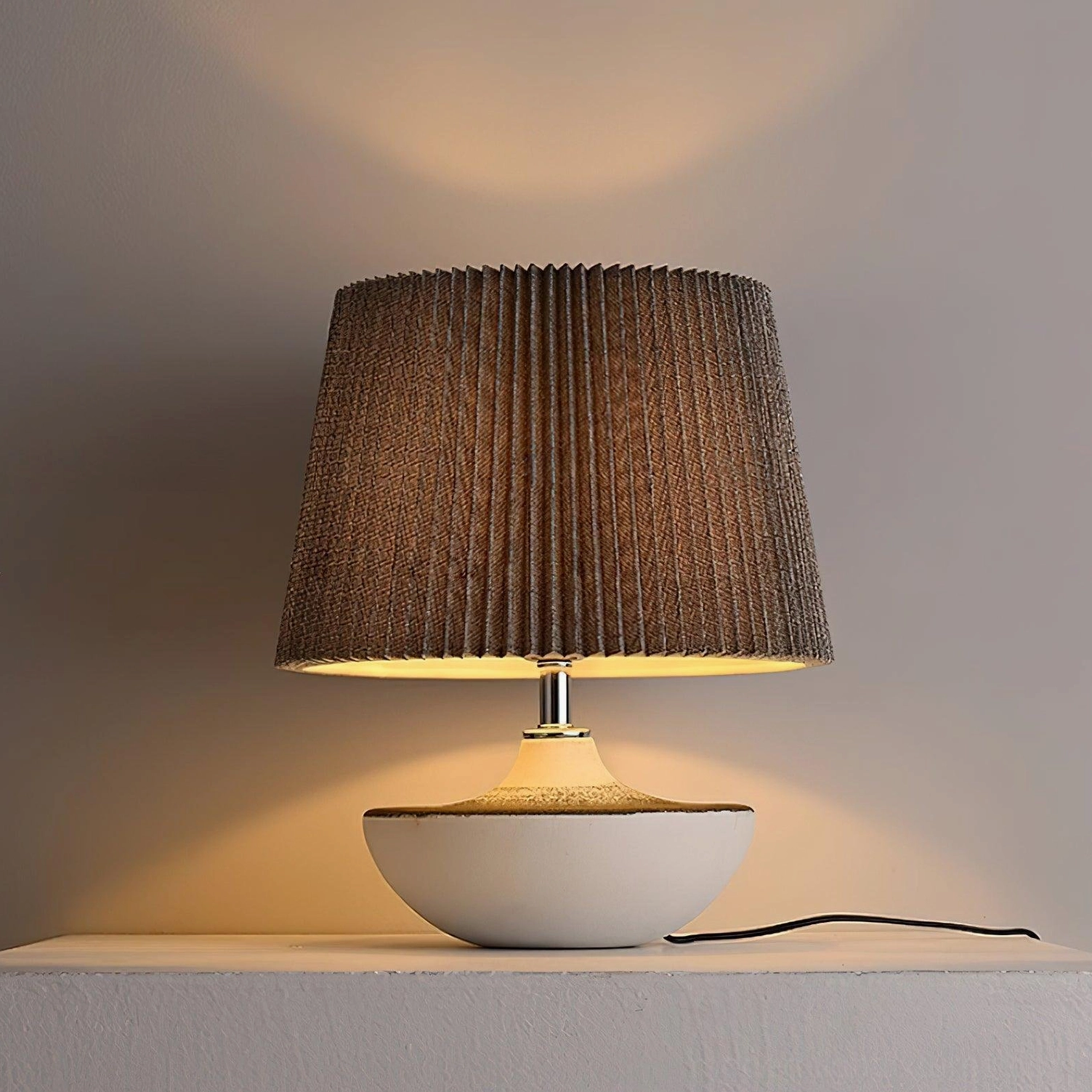 Ghassan ceramic table lamp compact 39cm height variant on wooden side table with warm lighting ambiance