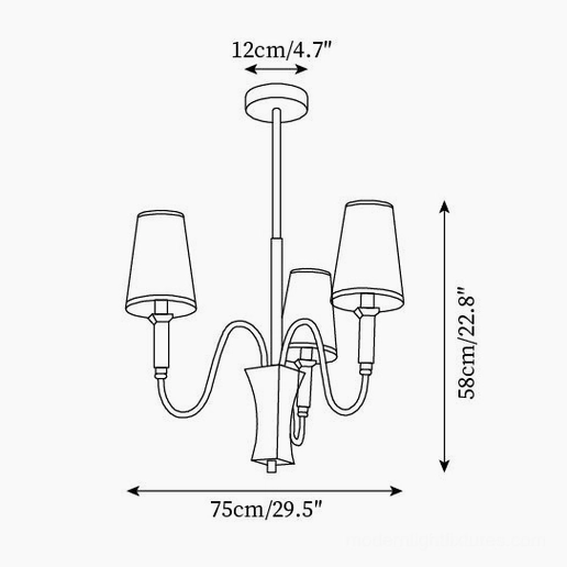Technical schematic of Gianna 4-head chandelier showing dimensions: 75cm width, 58cm height