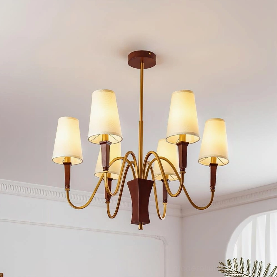 Gianna 6-head chandelier installation overhead view displaying wave-like arm structure and balanced proportions