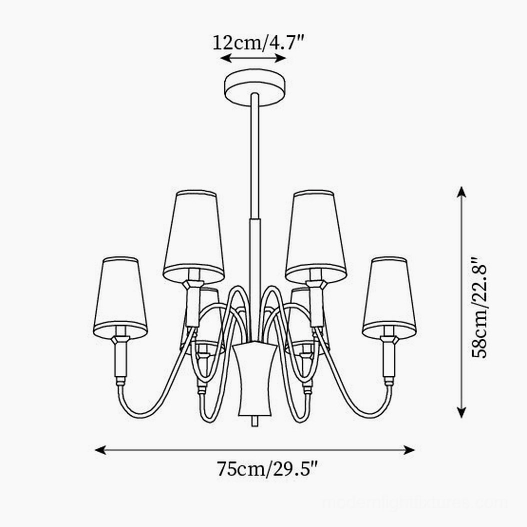 Technical schematic of Gianna 6-head chandelier showing dimensions: 75cm width, 58cm height