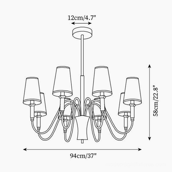 Technical schematic of Gianna 8-head chandelier showing dimensions: 94cm width, 58cm height