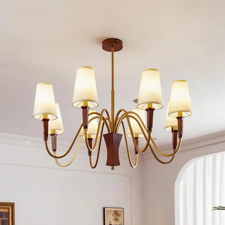 Gianna 8-head chandelier walnut and white color variant showing rich wood accents with brass metal arms