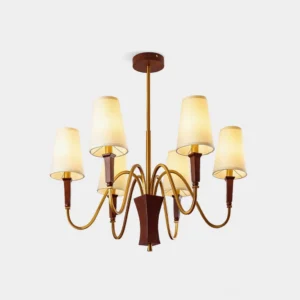 Gianna 8-head chandelier with gold brass arms and tapered fabric shades, studio front view on white background