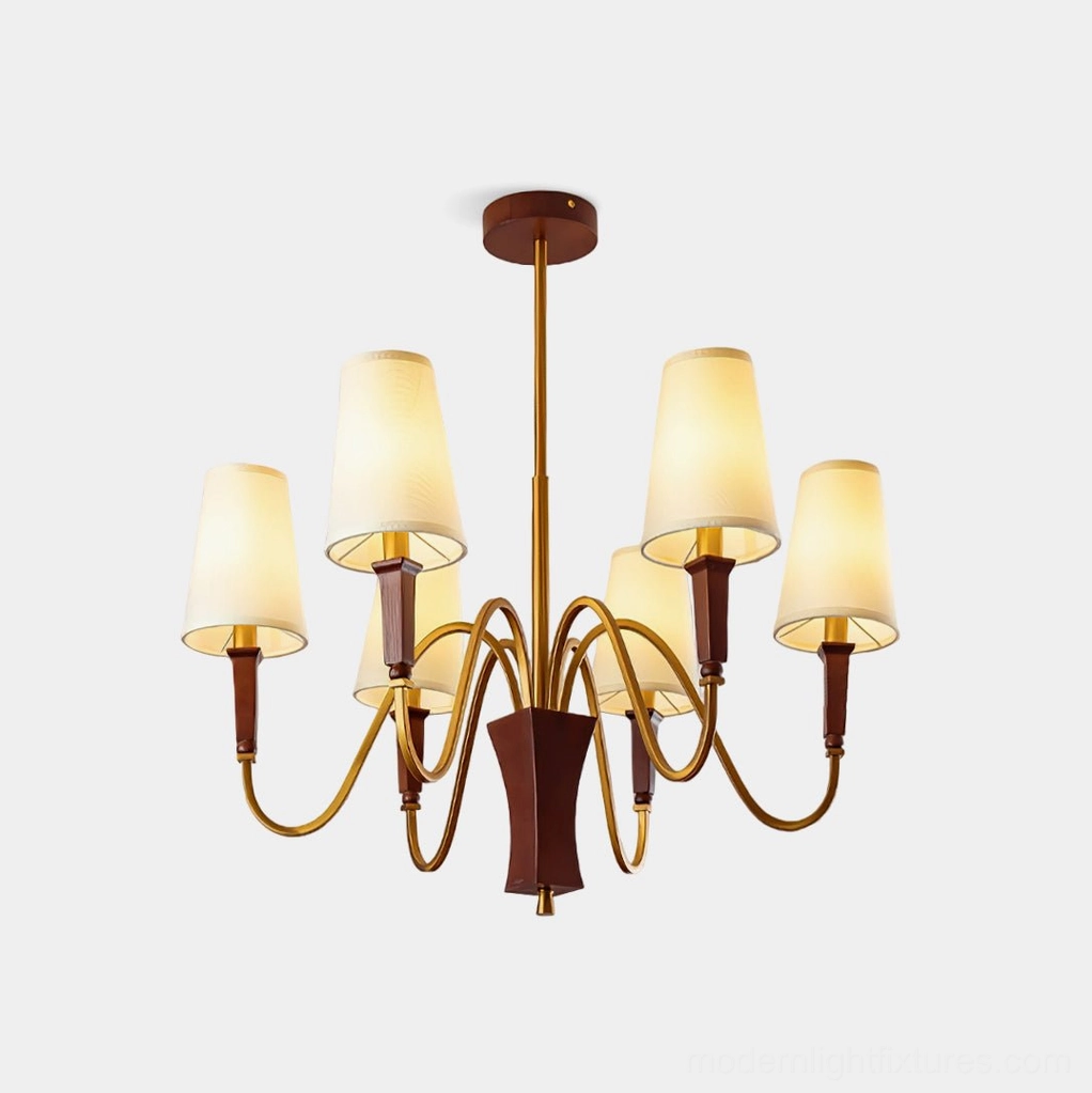 Gianna 8-head chandelier with gold brass arms and tapered fabric shades, studio front view on white background