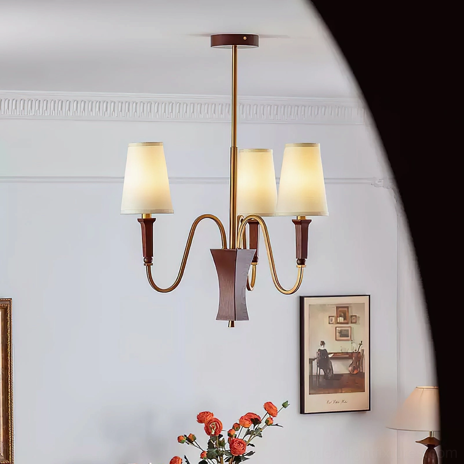 Gianna multi-head chandelier overhead installation view showing balanced arm configuration and light diffusion pattern