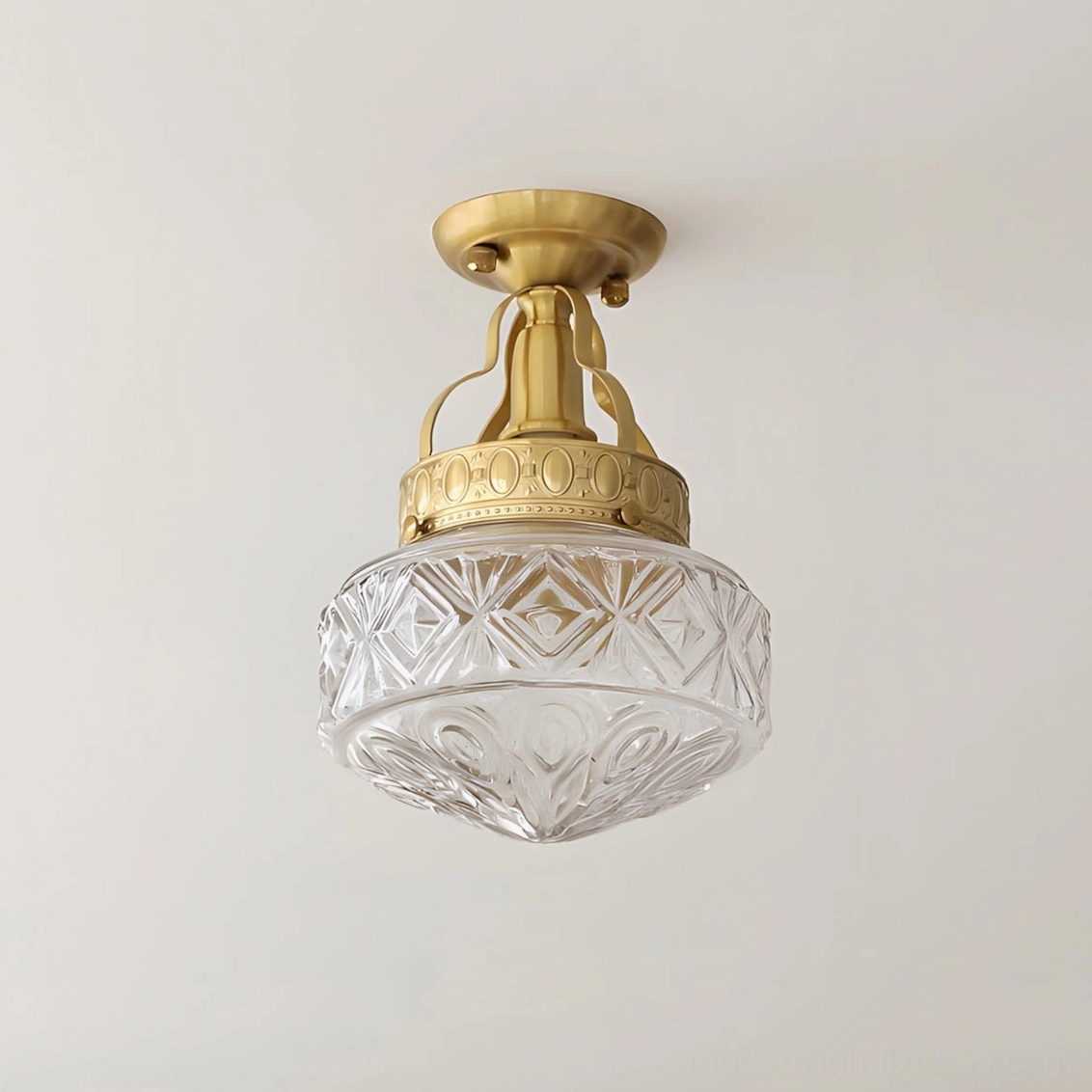 Gilded Prism ceiling lamp in Brass & Clear color, frosted geometric glass shade with brass hardware, European design