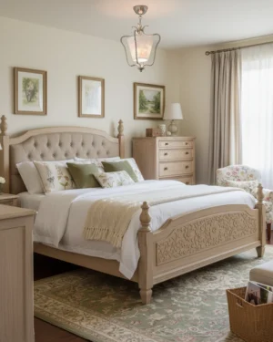 Gildra ceiling pendant lamp installed above master bedroom bed, warm ambient lighting creating cozy bedroom atmosphere with neutral décor