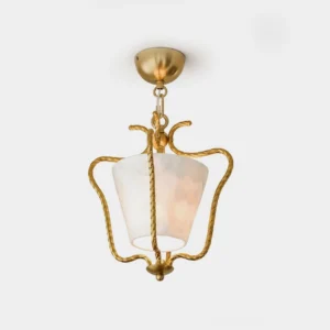 Gildra hand-twisted metal ceiling light fixture with frosted marble glass shade, frontal studio view showing brass frame and rope texture details